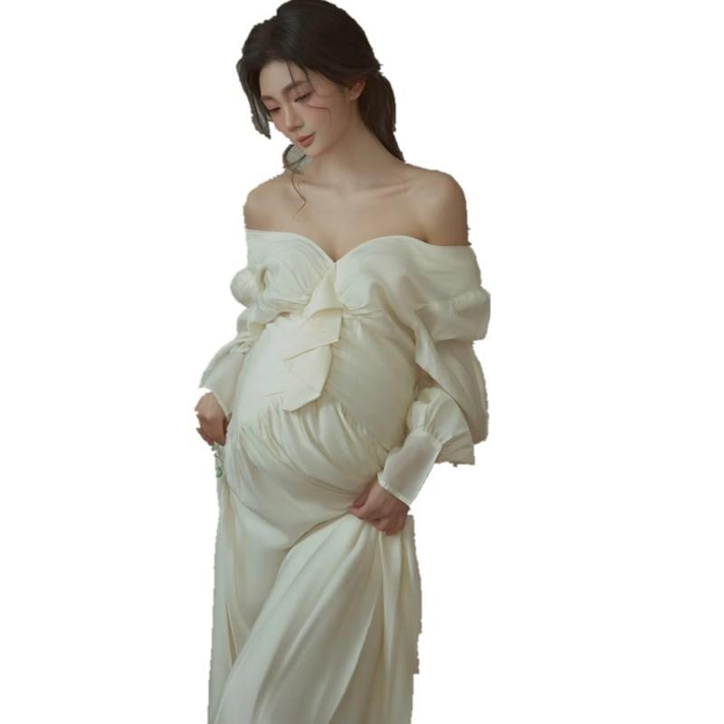 マタニティワンピース 春 中華風 映画化 御召しもの 妊婦服 妊孕活動写真用御召しもの ポリエステル 長袖 提燈衣袂 ロング 事あたらしい 甘め