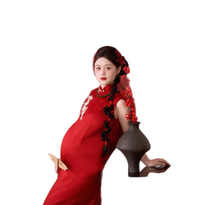 衣裳 マタニティフォト 新中国表現スタイル 刺しゅう 赤いこと 瀬戸もの御召しもの 妊婦 活動写真 芸術 ポリエステル 真っただ中丈 ノースリーブ セットアップ 読みもの レトロ