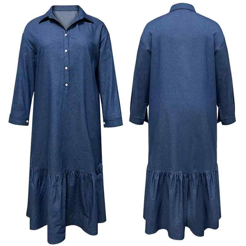 ワンピース レディース 長袖 デニム ロング丈 シャツ襟 1XL 2XL 3XL 4XL 5XL ゆったり 体型カバー elegantes 深藍色 20代 30代 40代 50代