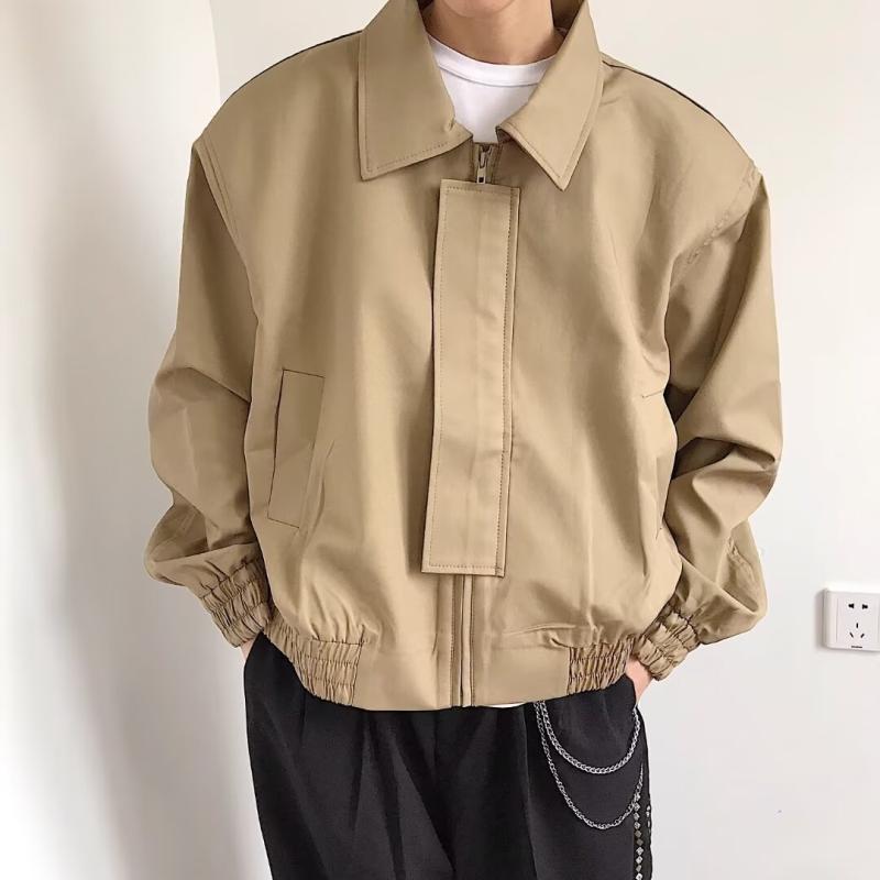 ジャケット 男性用 ブルゾン ジャンパー 野球服 スタジャン ?肩 切り替え リブ裾 ゆったりめ カーキ色 黒 ブラック 無地 春秋