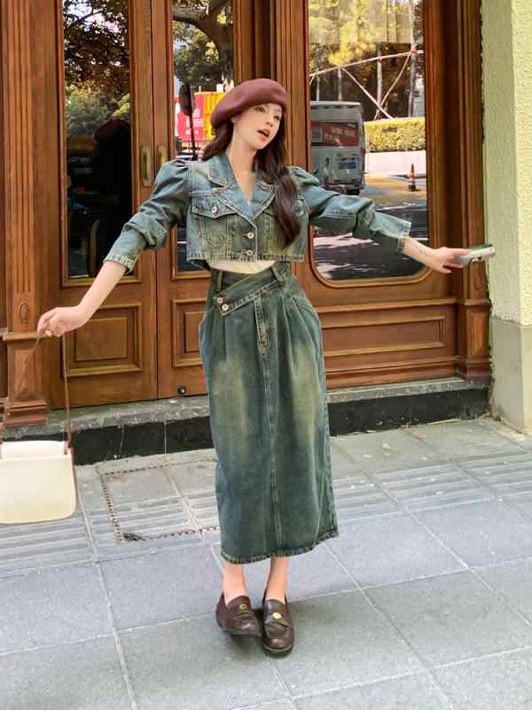 心地よいセットアップ ジーンズスコート レディース 春夏 秋服 長袖 ジーンズ 膝丈スコート ミモレ丈スコート 普段使い走り 日常使い走り 愛くるしげ 今めかしい 好いたらしいめ 口さかしい