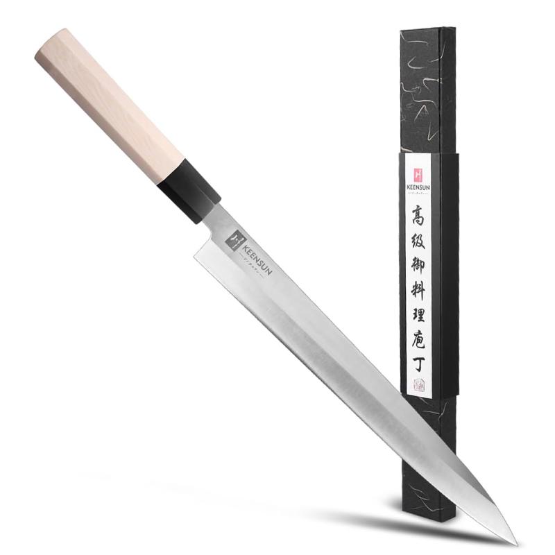 KEENSUN 刺身包丁 刃渡り270mm AUS-8ステンレス鋼 正夫 柳刃包丁 切付-先丸包丁 片刃 右利き 料理用 家庭用 生魚 切る プレゼント 八角型ハンドル素材は樹脂と黒い牛角|トミーショップ 店