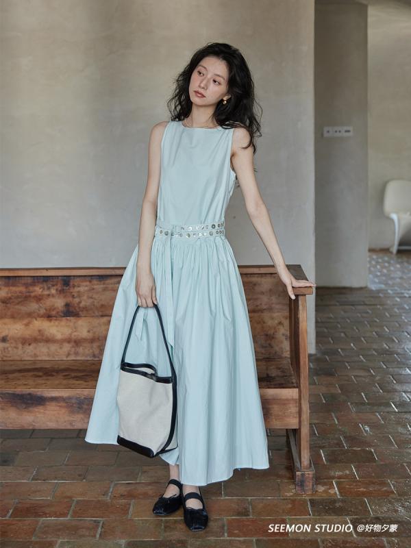 ワンピース レディース 夏 春夏 薄荷グリーン 綿素材 接触冷感 無袖 丸首 ハイウエスト 中長丈 ポケット付き 切り替えデザイン 軽量 吸湿速乾 伸縮性 通勤用 普段使い 部屋着 かわいい ビッグシルエット Vネック風 アイボリー系 ピンク系 ブラック