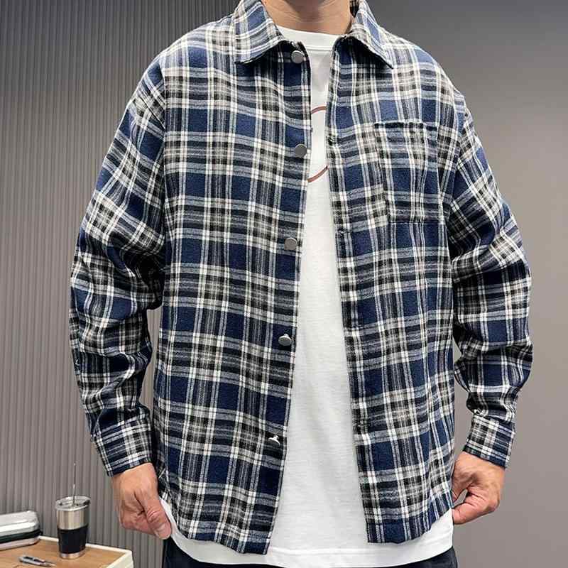 シャツ 男性用 春夏 格子柄 長袖 ルーズフィット 刺・墸 ポリエステル レトロ トップス 普段使い カジュアル ブラック ブルー