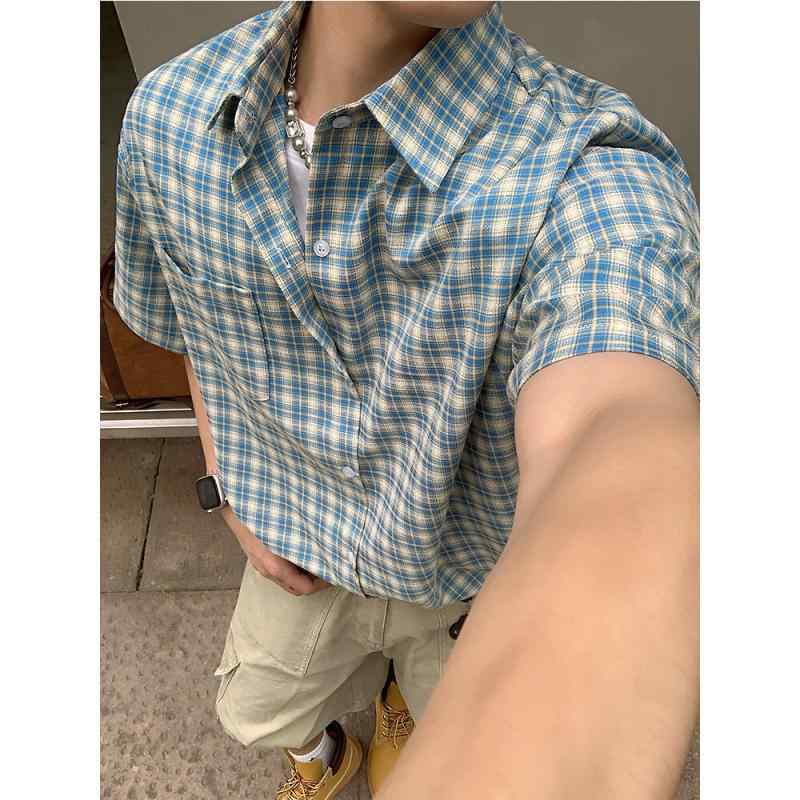 シャツ 男性用 レトロ チェック柄 開襟シャツ 半袖 ポリエステル 普段使い リゾート