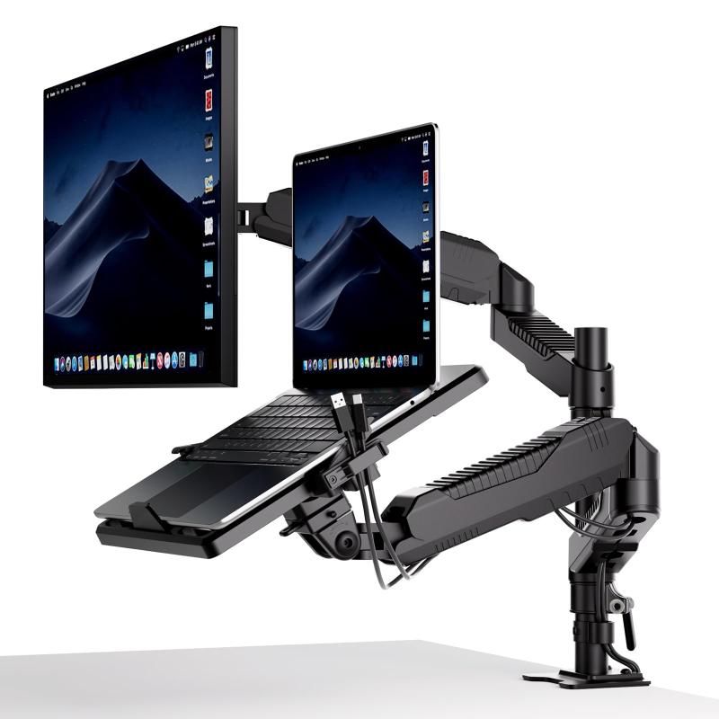 ロボロビン デュアル ノートパソコン/モニターアーム 安定性UP トレイ付き 11-17インチ対応 高度12-60cm 角度自由に調整 ガススプリング グロメット式＆クランプ式 モニターアーム 360度回転 11-
