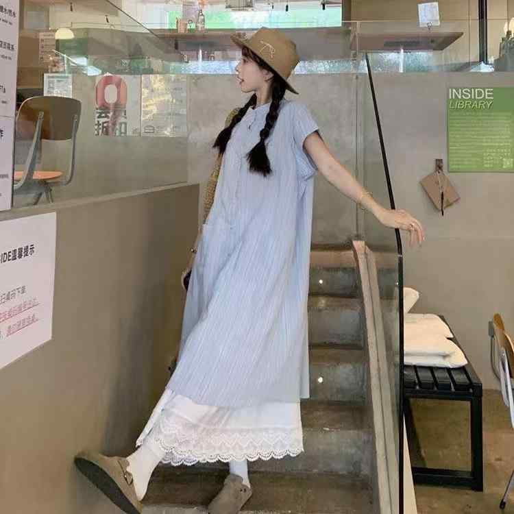 ワンピース レディース ブルーストライプ 半袖シャツ チュニック 韓国風 ゆったり ミモレ丈 レイヤード 2点セット ポリエステル 清潔感