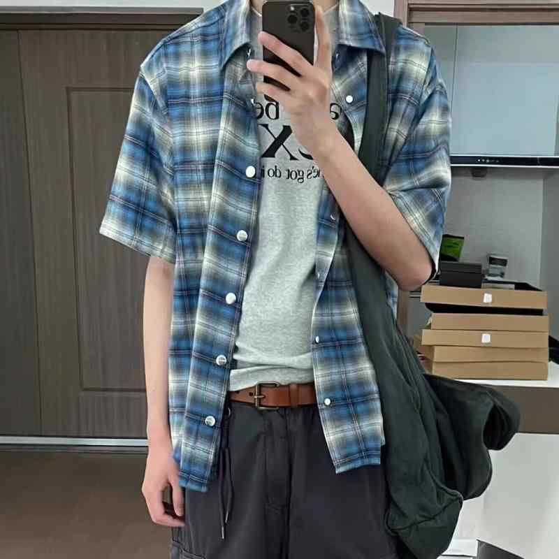 シャツ メンズ 格子柄 半袖シャツ 美式 レトロ オープンカラー ポリエステル 普段使い ルームウェア