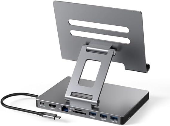 iPad Pro USB Cハブスタンド、iPad Pro M4 M2 M1 13 12.9 11インチPad Air用アダプタ ドッキングステーション 折りたたみ式 4K 60Hz HDMI、PD充電、SD/TFカードリーダー、USB 3.0×3、3.