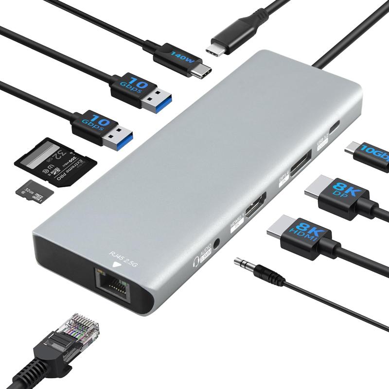 Bytecc USB C 4.0 ドッキングステーション、10 in 1 ノートパソコンマルチポートアダプター USB ハブ、デュアル 8K HDMI2.1 & DP1.4、140W PD 入力、10G USB3.2/GEN 2 ポート、2.5G