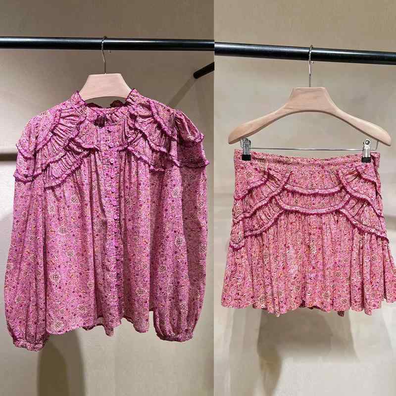 セットアップ レディース 春秋 ミニスカート 花柄 ブラウス パフスリーブ Aライン スカート コットン おしゃれ かわいい 上下セット
