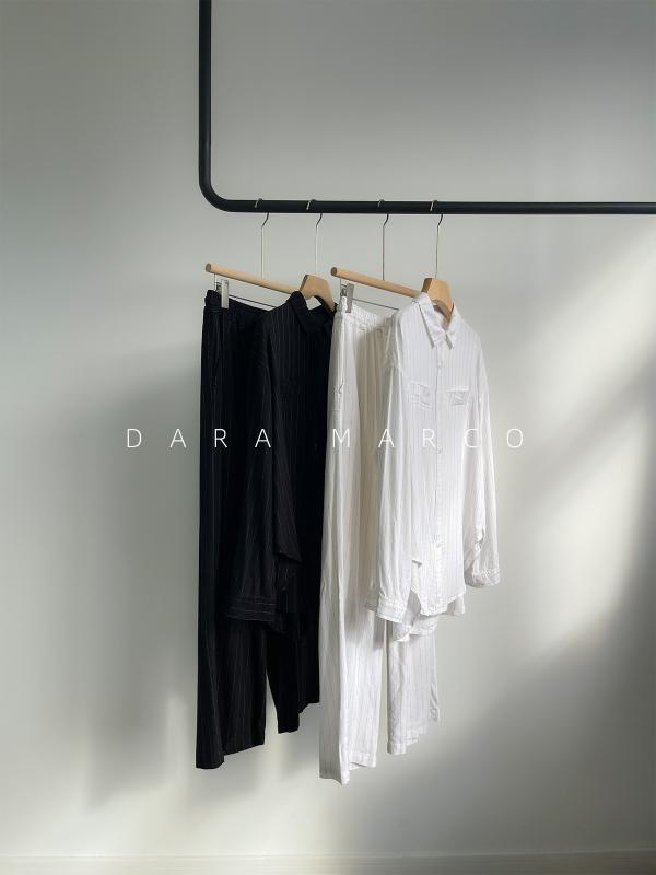 セットアップ レディース Ｔシャツ 長袖 \u0026amp; ズボン下 リネン混紡 縞模様 ゆったり 体型押しかぶせる 心地よい 普段使い走り お部屋お召しもの 伸び伸びする
