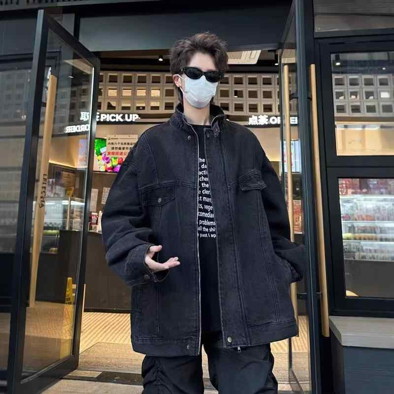 ジャケット 男性用 ウォッシュド デニム 春秋 VIBEスタイル カジュアル ルーズフィット ブルゾン ライトアウター ブラック ブルー