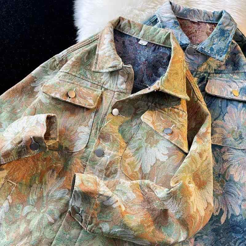 ジャケット 男性用 デニムジャケット レトロ 花柄 プリント ゆったり ワークジャケット ブルゾン Gジャン ポケット付き カジュアル 春秋