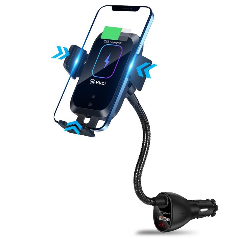 HVDI ワイヤレス車載充電器マウント カーシガレットライター 15W Qi 急速充電 オートクランピング デュアルQC 3.0ポート エアベント カーチャージャー 電話ホルダー iPhone 12 Pro Max/11 Pro Max/XR/X/8 S