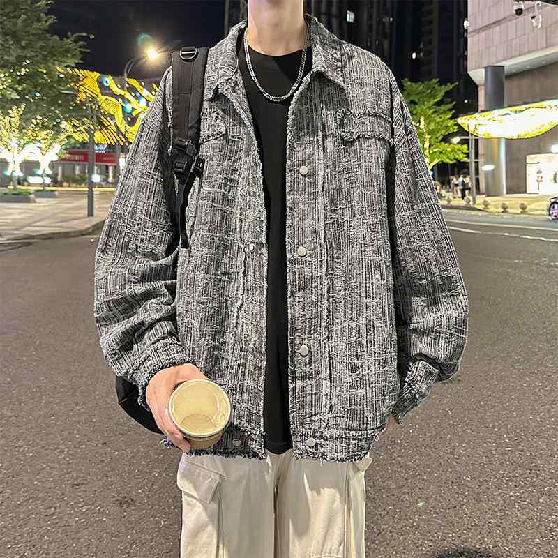 ジャケット 男性用 デニム ウォッシュ加工 レトロ 磨毛 提花 襟付き カジュアル ゆったり 秋物 ライトブルー ブルーグレー ブラックグレー｜トミーショップ 店