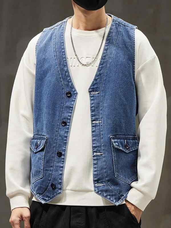 ジャケット 男性用 デニム ウォッシュ加工 Gジャン ノースリーブ 春秋 ルーズフィット アメカジ ストリート 耐摩耗性 防撕裂 斜め裾 立体ポケット ブルー