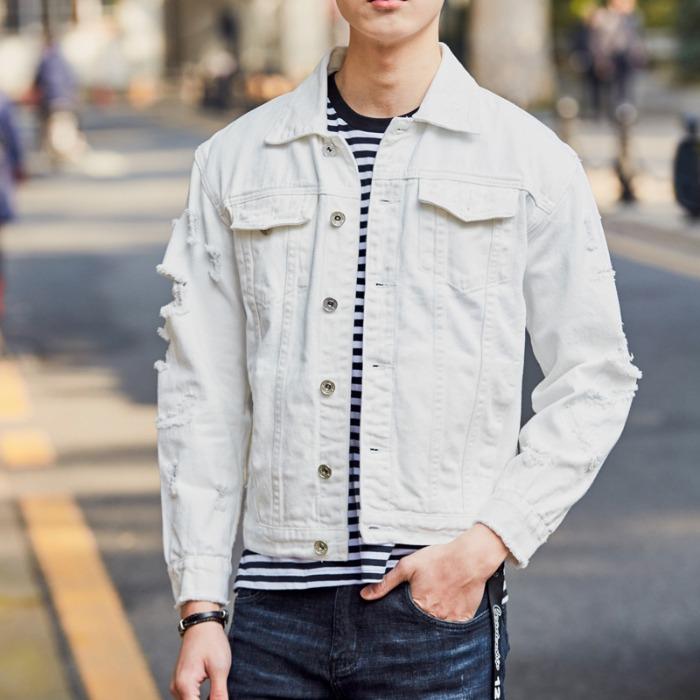 ジャケット 男性用 デニム ダメージ加工 ゆったり 全綿 アウター 韓国風 トップス ホワイト レッド ブラック ピンク系 S M L XL XXL 3XL 4XL 通気性 耐摩耗性 高色牢度