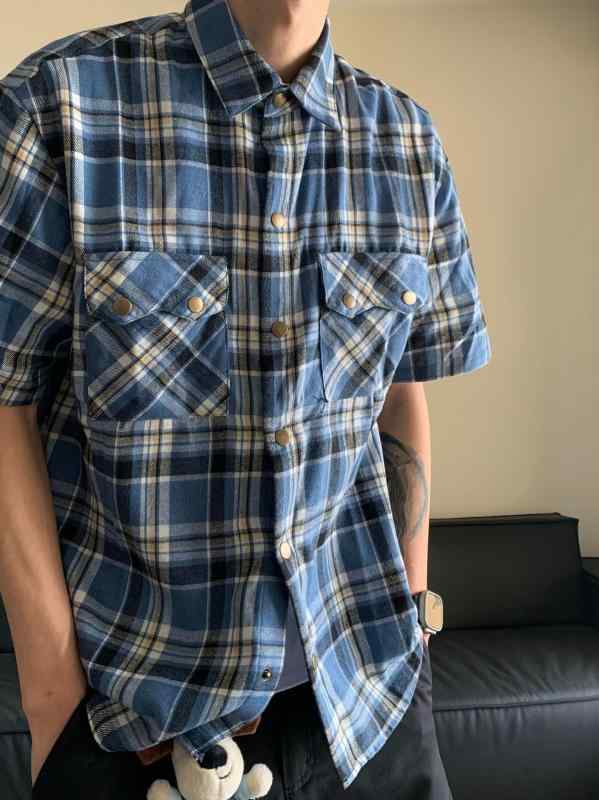 シャツ メンズ 半袖 開襟シャツ 格子柄 ポリエステル 涼しい 通気性 普段使い リラックス 快適 ブルー グリーン