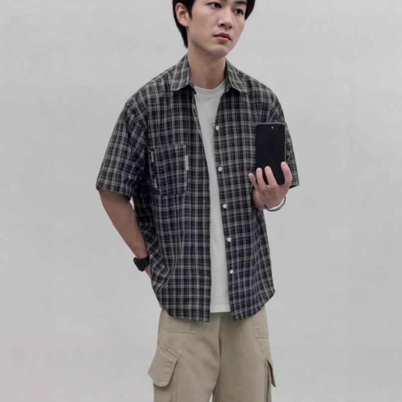 シャツ メンズ 男性用 日系 レトロ 半袖 格子柄 トップス コットン混紡 刺・墸 ポケット 通気性 防シワ 吸湿速乾 カジュアル 春夏