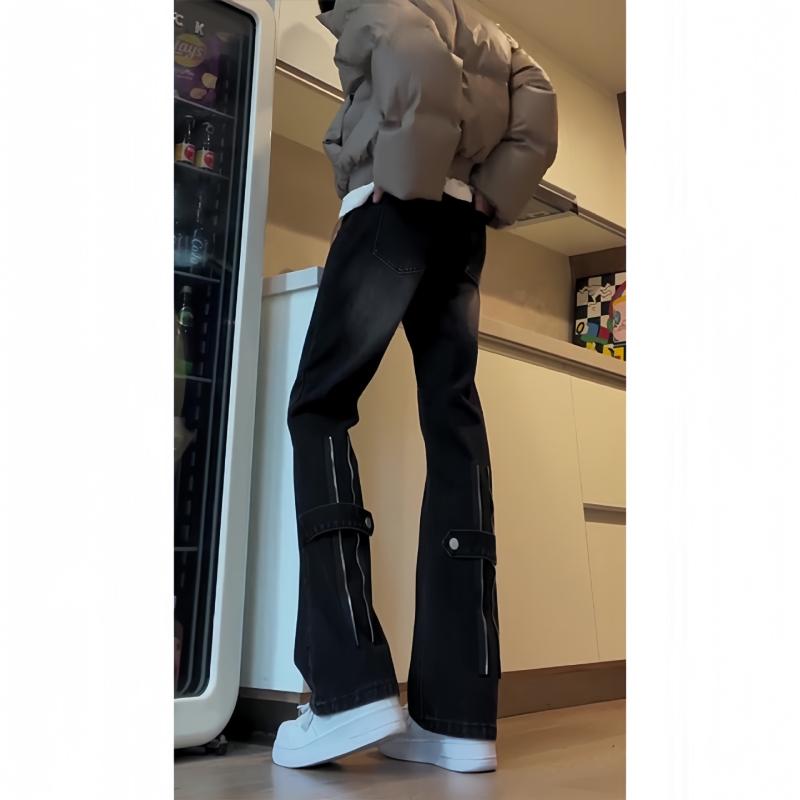 デニム メンズ 男性用 微フレア ジーンズ パンツ 黒 ブラック系 Vibe系 ストリート ミリタリー ワークパンツ スリムフィット カジュアル おしゃれ 多ポケット 通年