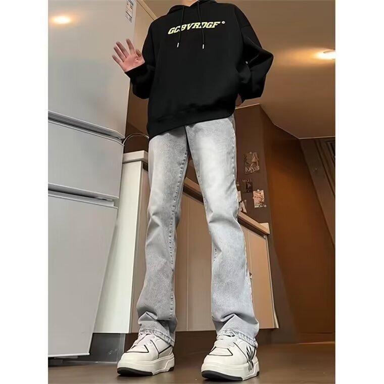 ジーンズ 男性用 ストレート マイクロフレア デニムパンツ ウォッシュ加工 Gパン ジーパン カジュアルパンツ ミディアムウエスト ブラック グレー
