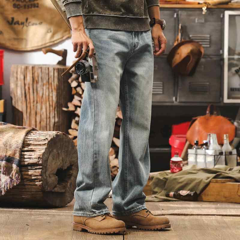 デニム メンズ ジーパン 男性用 ストレート ゆったり ウォッシュ加工 5ポケット ズボン アイスブルー