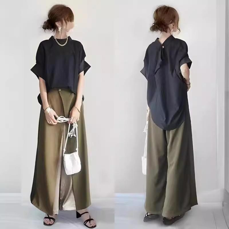セットアップ レディース 春夏 半袖 トップス ワイドレッグパンツ ポリエステル ブラック 黒 グリーン 緑 ゆったり 通勤 普段使い