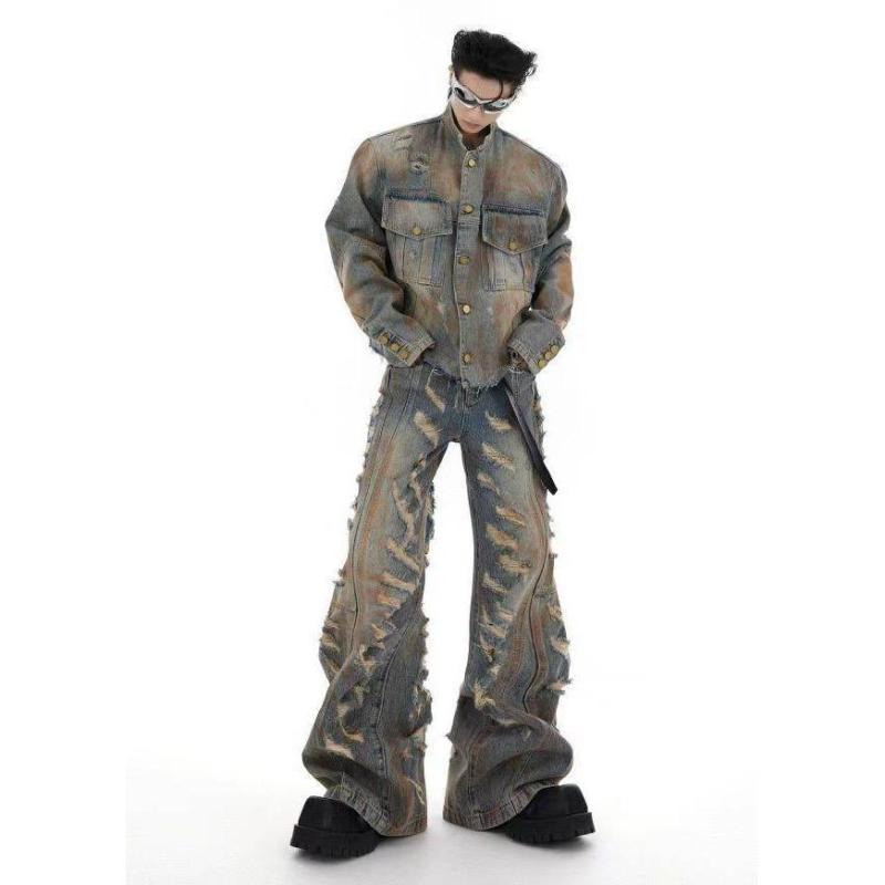 ジャケット 男性用 デニム セットアップ ダメージ加工 Gジャン ジーンズ ジーパン ストレートパンツ ズボン パンツ 春物 春服 普段使い