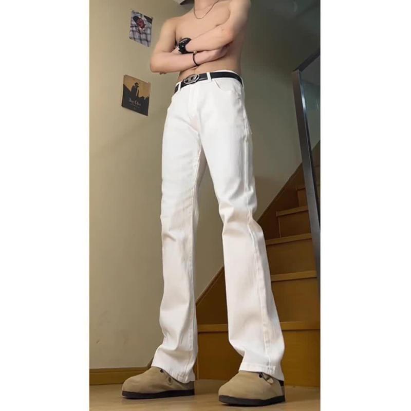ジーンズ メンズ 男性用 白色 デニム ストレートパンツ スラッシュドポケット ワークパンツ カジュアルパンツ 高身長 スタイルアップ 美脚効果 コットン