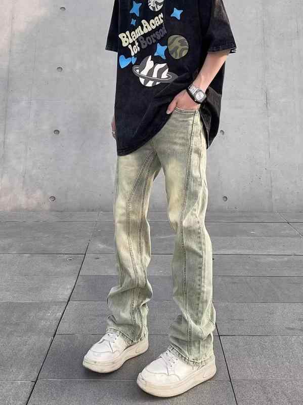 ジーンズ 男性用 黄土色染め 裾広がり 明?? ?工 切り替え ?古 hiphop