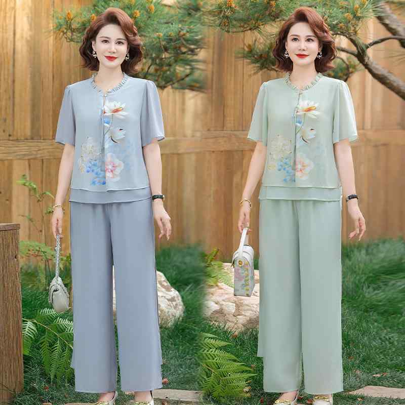 セットアップ レディース 婦人服 夏物 雪紡 シフォン トップス パンツ 2点セット 切り替え プリント柄 ゆったり 普段使い 接触冷感 5,491円