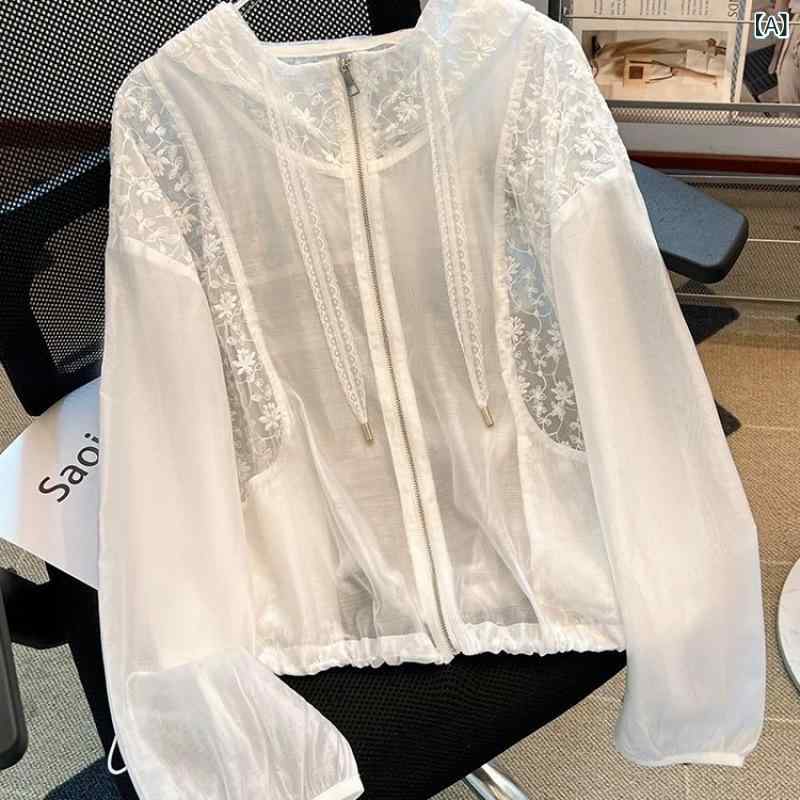 防晒服 レディース 刺繍 外套 白色 薄手 連帽 長袖 夏 ポリエステル 機車風 街頭 流行 接触冷感 UPF40+ 軽量 通勤 普段使い アウトドア 伸縮性