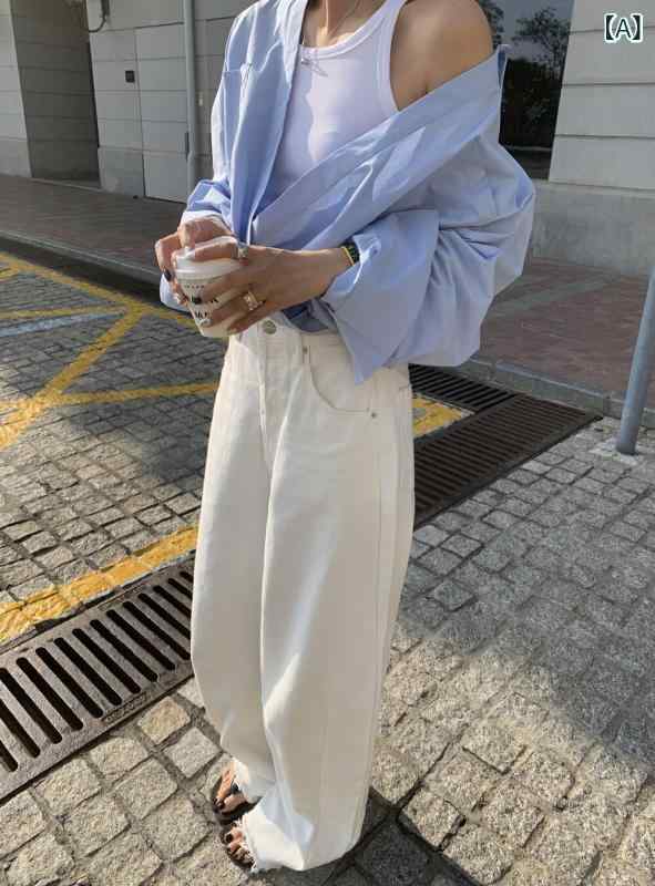 牛仔パンツ 女性用 春季 復古 毛縁 ワイド レッグ ハイウエスト ルーズ ロング デニム 薄手 無弾性 街頭スタイル ポケット 綿素材 白色 ブルー カジュアル 普段使い 通勤 軽量 快適 伸縮性なし