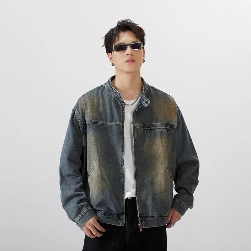 ジャケット 男性用 デニム ウォッシュ加工 レトロ ブルゾン Gジャン アウター ライトアウター 普段使い 部屋着 ワークウェア ポリエステル ブルー系