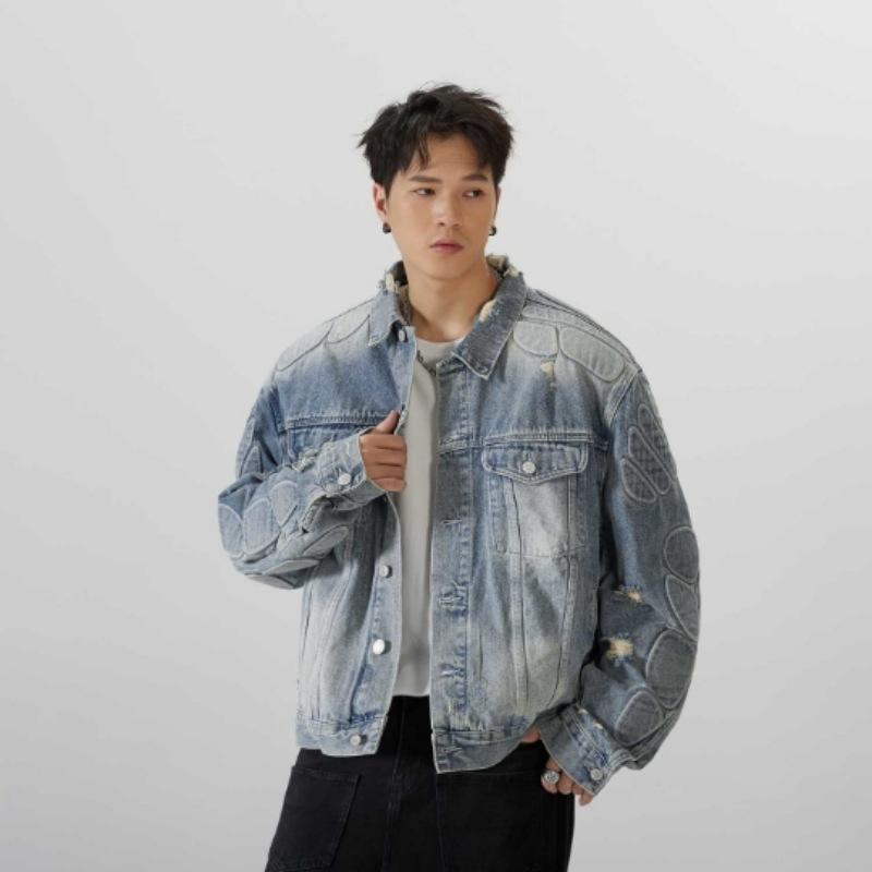 ジャケット 男性用 Gジャン デニム 綿 耐摩耗 防風 翻領 ストリート カジュアル 多ポケット 長袖 浅藍色 大きいサイズ