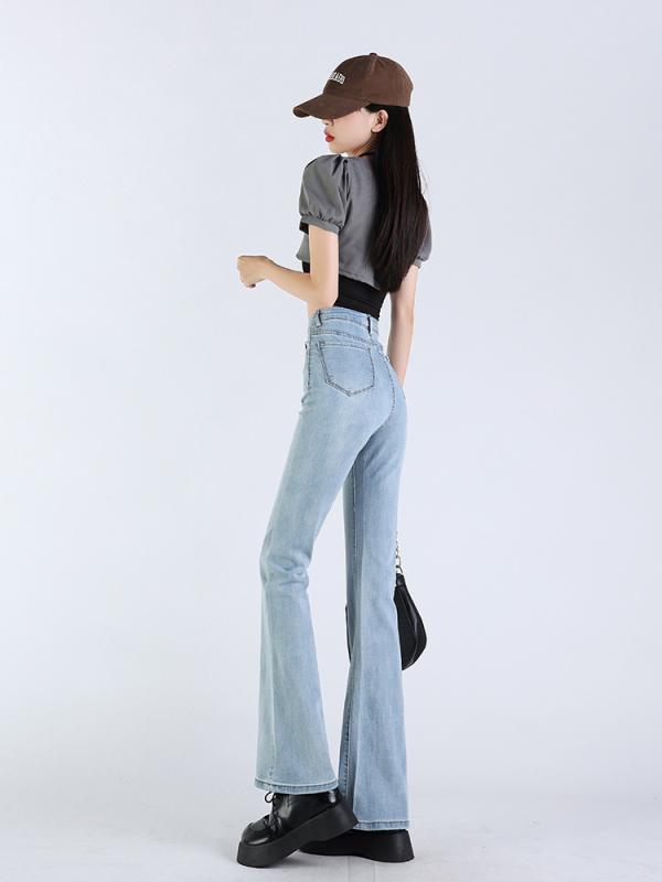 デニム レディース 高弾性 ハイウエスト ブルー デニムパンツ ジーパン ジーンズ 美脚 脚長効果 ストリート ポケット付き 春夏(x3)