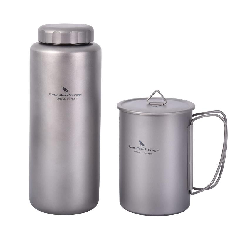Boundless Voyage 純チタンボトル マグカップ 広口 大容量 直飲み水筒 アウトドア登山 スポーツウォーターボトル 漏れ防止 軽量・錆びない 水筒 ストラップポーチ付き (1000ml+600ml -Ti3007D)