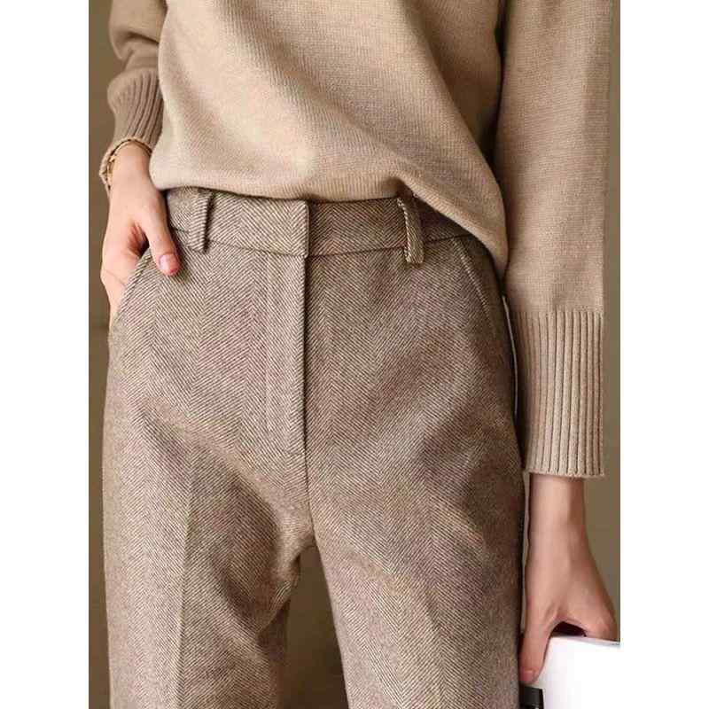 パンツ レディース 秋冬 ワイドレッグパンツ 厚手 ウールライクパンツ ハイウエスト 着痩せ効果 カジュアル ストレートパンツ スーツ 9分丈 きれいめ ブラウン コーヒーカラー オフホワイト グレー