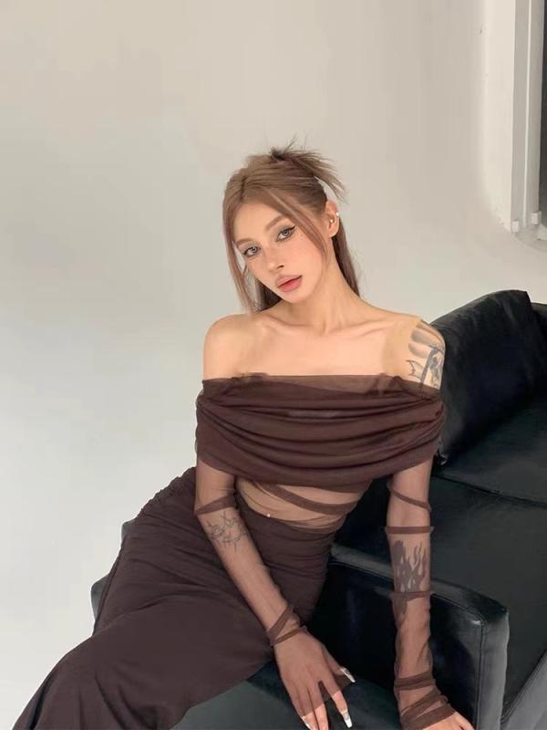 セットアップ レディース 一字肩 トップス チュールスカート セクシー かわいい ガーリー ブラウン ブラック 春夏
