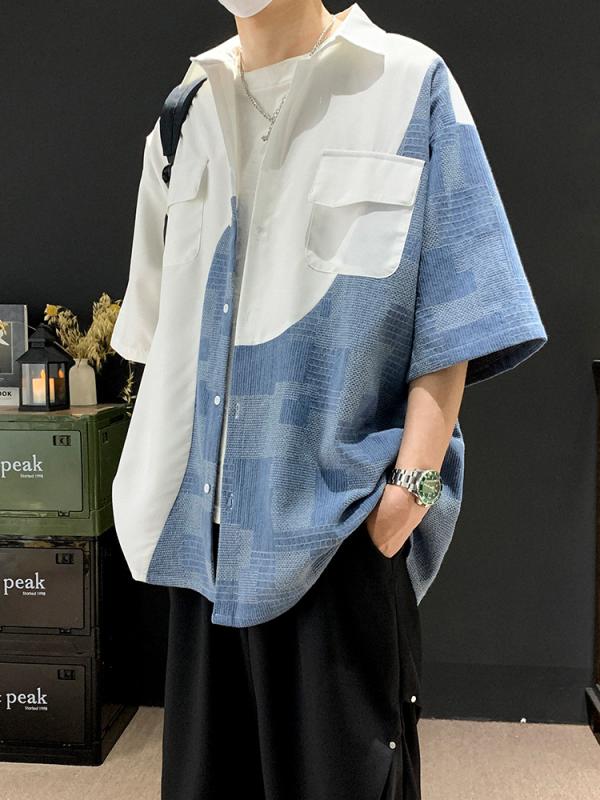 シャツ メンズ デニム 切り替え 半袖 トップス ワークシャツ カジュアル ゆったり 接触冷感 春夏 ホワイト グリーン