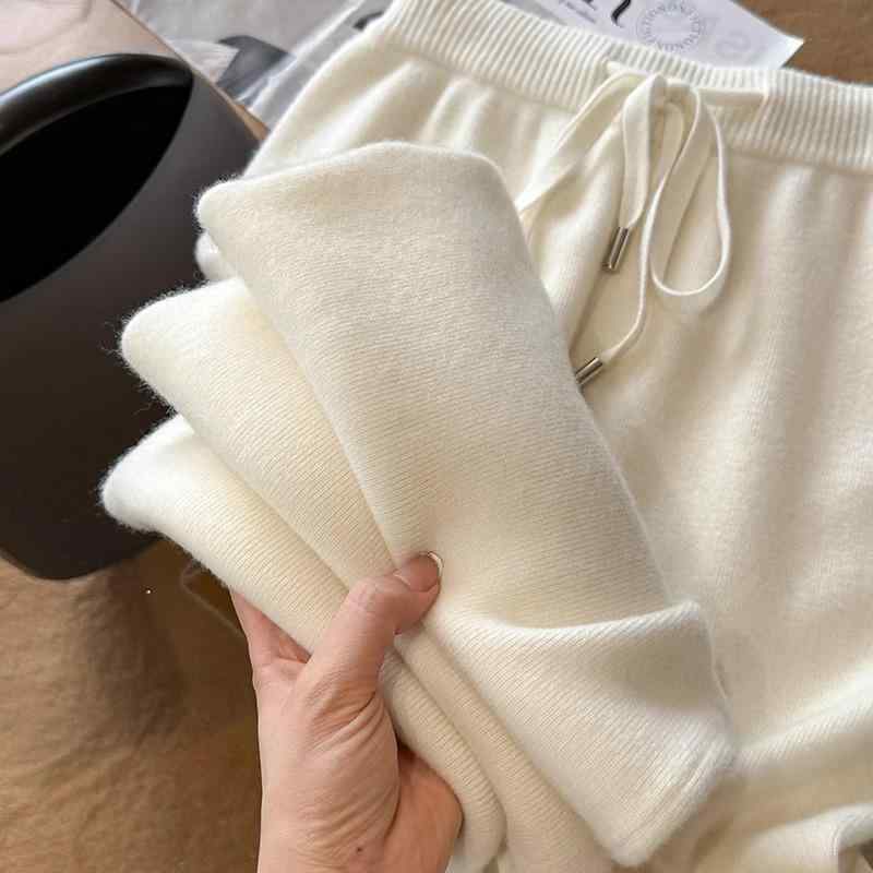 パンツ レディース オーストラリア産ウール 高腰 ワイドレッグパンツ ニット 厚手 杏白色 グレー オートミール色 リラックス カジュアル スタイル 秋冬