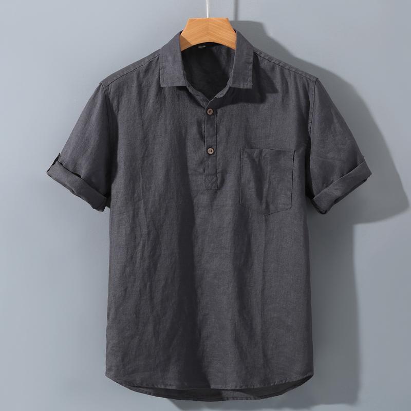 シャツ 男性用 麻 リネン 半袖 無地 スリムフィット カジュアル 煙灰色 アッシュ M L XL 2XL 3XL
