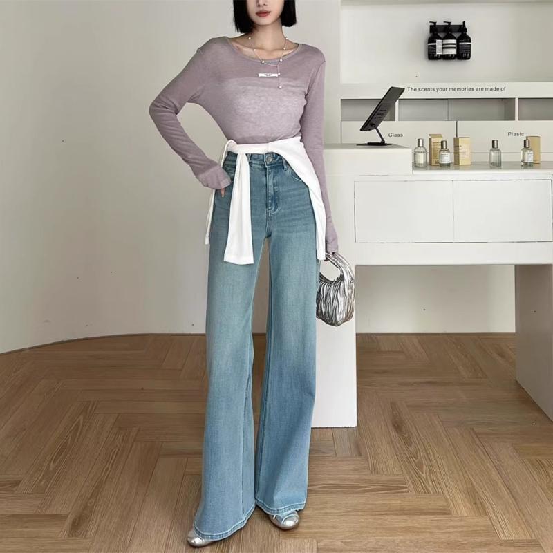 デニム レディース ハイウエスト 裾フレアパンツ ジーンズ ジーパン 美脚 脚長効果 ゆったり 伸縮性 通勤 カジュアル ブルー