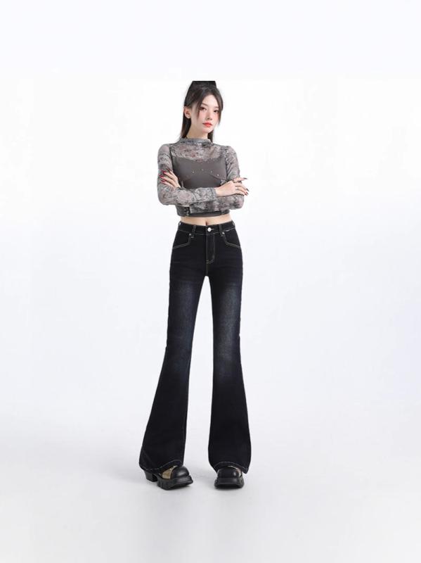 ジーンズ レディース ダークカラー ストレート マイクロフレア デニムパンツ 春秋 高身長 小柄 美脚 脚長 無地 綿95% 文芸風 レトロ 高見え
