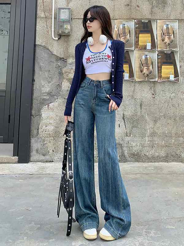 デニム レディース ハイウエスト ワイドレッグ ジーンズ パンツ 春夏 美脚 長ズボン ゆったり 古典風 ポリエステル