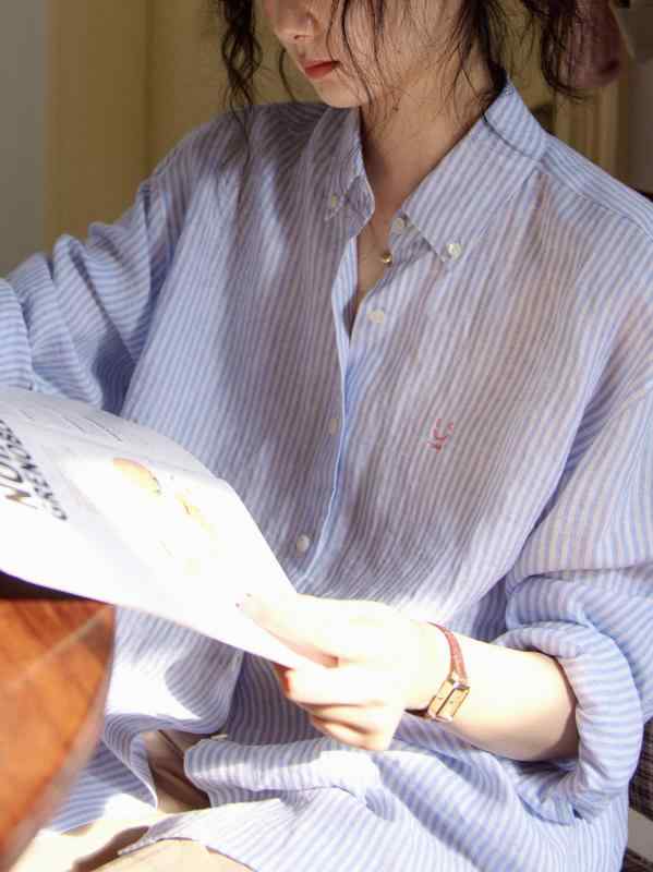 シャツ レディース 亜麻色 ストライプ柄 刺・墸 長袖 トップス ブラウス ゆったり 文芸風 通勤 ブルー系 S M L XL