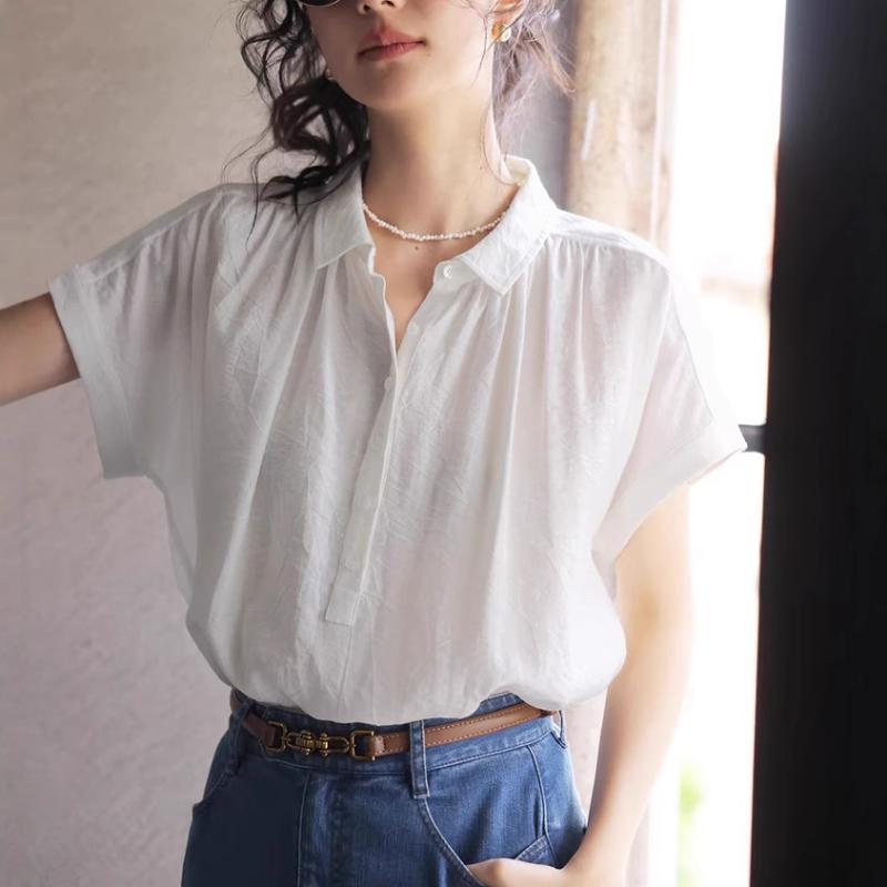 シャツ レディース フレンチレトロ 亜麻 リネン 接触冷感 半袖 ブラウス 薄手 ゆったり ラウンドネック トップス 通勤 オフィス カジュアル きれいめ 白 オフホワイト