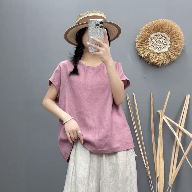 シャツ レディース 亜麻 リネン トップス 半袖 プルオーバー ラウンドネック ゆったり 接触冷感 切り替え 文芸風 白 ピンク系