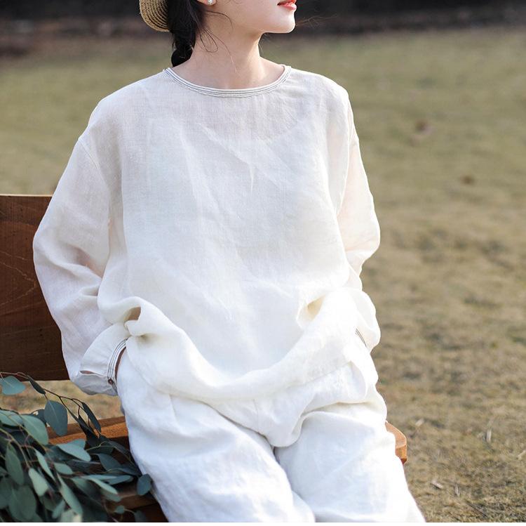 シャツ レディース 春夏 亜麻 リネン 白 トップス 接触冷感 ラウンドネック 半袖 ゆったり 薄手｜トミーショップ 店 8,577円